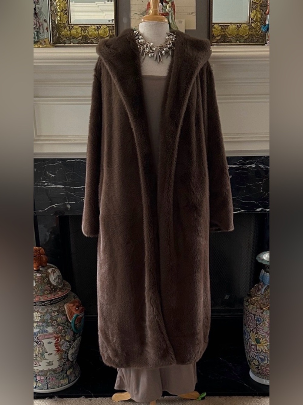 Rebecca Minkoff Dark Brown Hooded Faux Fur Coat